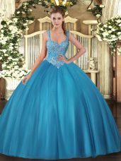 Hot Sale Teal Sleeveless Tulle Lace Up 15 Quinceanera Dress for Military Ball and Sweet 16 and Quinceanera