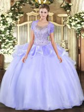 Lavender Ball Gowns Organza and Tulle Scoop Sleeveless Beading and Ruffles Floor Length Clasp Handle Sweet 16 Dresses