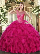 Fuchsia Sleeveless Floor Length Beading and Ruffles Lace Up Quinceanera Gown