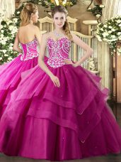 Romantic Floor Length Lace Up Vestidos de Quinceanera Fuchsia for Military Ball and Sweet 16 and Quinceanera with Beading and Ruffled Layers