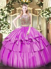 Romantic Lilac Sweet 16 Quinceanera Dress Military Ball and Sweet 16 and Quinceanera with Beading and Ruffled Layers Scoop Sleeveless Lace Up