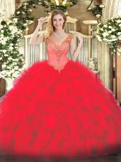 Floor Length Red Quinceanera Gowns Organza Sleeveless Beading and Ruffles