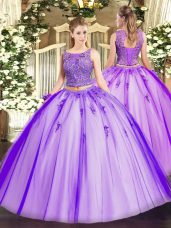Scoop Sleeveless Ball Gown Prom Dress Floor Length Beading and Appliques Lavender Tulle
