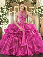 Spectacular Fuchsia Organza Lace Up Halter Top Sleeveless Floor Length Sweet 16 Dress Beading and Embroidery and Ruffles