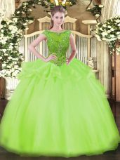 Yellow Green Cap Sleeves Floor Length Beading Zipper Sweet 16 Quinceanera Dress