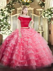 Appliques and Ruffled Layers Sweet 16 Quinceanera Dress Watermelon Red Zipper Short Sleeves Floor Length