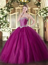 Fuchsia Tulle Lace Up Sweetheart Sleeveless Floor Length Sweet 16 Quinceanera Dress Beading