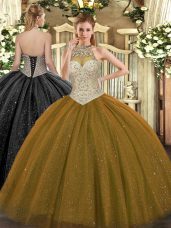 Ball Gowns Sweet 16 Dresses Brown Halter Top Tulle Sleeveless Floor Length Lace Up