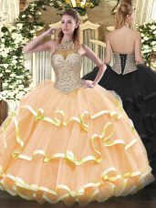 Clearance Beading and Ruffled Layers Ball Gown Prom Dress Peach Lace Up Sleeveless Floor Length