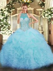 Beauteous Aqua Blue Sleeveless Floor Length Beading and Ruffles and Pick Ups Lace Up Quinceanera Gown