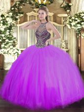 Edgy Tulle Halter Top Sleeveless Lace Up Beading Quinceanera Dress in Lilac