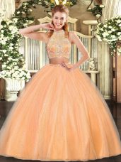Two Pieces Sweet 16 Dress Orange Red Halter Top Tulle Sleeveless Floor Length Criss Cross