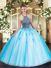 Luxurious Aqua Blue Lace Up Vestidos de Quinceanera Beading and Appliques Sleeveless Floor Length