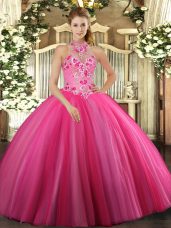 Hot Selling Hot Pink Halter Top Neckline Embroidery 15 Quinceanera Dress Sleeveless Lace Up