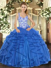 Blue Sleeveless Tulle Lace Up Sweet 16 Quinceanera Dress for Sweet 16 and Quinceanera