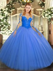 Lace Vestidos de Quinceanera Blue Lace Up Long Sleeves Floor Length
