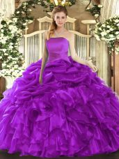 Wonderful Purple Vestidos de Quinceanera Military Ball and Sweet 16 and Quinceanera with Ruffles and Pick Ups Strapless Sleeveless Lace Up