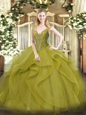 High End Sleeveless Tulle Floor Length Lace Up Ball Gown Prom Dress in Olive Green with Beading and Ruffles