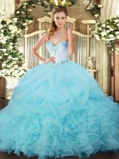 Exceptional Aqua Blue Ball Gowns Sweetheart Sleeveless Organza Floor Length Lace Up Beading and Ruffles and Pick Ups Ball Gown Prom Dress