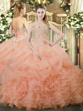 Best Selling Beading and Ruffles and Pick Ups Sweet 16 Dresses Peach Lace Up Sleeveless Floor Length
