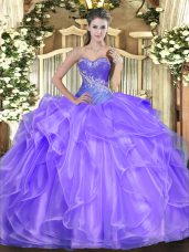 Customized Lavender Sleeveless Floor Length Beading and Ruffles Lace Up Sweet 16 Dress