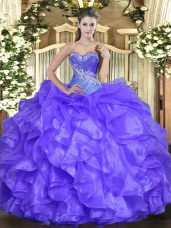 Super Lavender Organza Lace Up Sweetheart Sleeveless Floor Length Ball Gown Prom Dress Beading and Ruffles