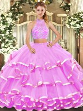 Free and Easy Sleeveless Tulle Floor Length Criss Cross 15th Birthday Dress in Lilac with Beading and Ruffled Layers