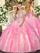 Rose Pink Ball Gowns Strapless Sleeveless Tulle Floor Length Lace Up Appliques and Ruffles Sweet 16 Dresses