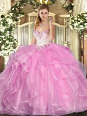 Rose Pink Lace Up Vestidos de Quinceanera Beading and Ruffles Sleeveless Floor Length
