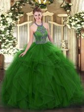 Green Tulle Lace Up Halter Top Sleeveless Floor Length 15th Birthday Dress Beading and Ruffles