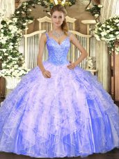 Lavender Sleeveless Beading and Ruffles Floor Length Quince Ball Gowns