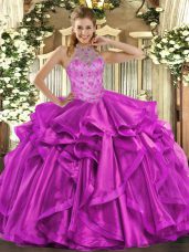 Customized Beading and Embroidery and Ruffles Quinceanera Dress Fuchsia Lace Up Sleeveless Floor Length
