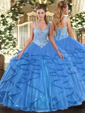Fitting Baby Blue Straps Lace Up Beading and Ruffles Quinceanera Gowns Sleeveless