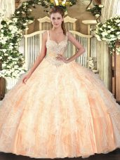 Peach Ball Gowns Straps Sleeveless Tulle Floor Length Lace Up Beading and Ruffles Quince Ball Gowns