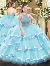 Flare Aqua Blue Tulle Lace Up Halter Top Sleeveless Floor Length Sweet 16 Dresses Beading and Ruffled Layers