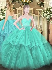 Turquoise Ball Gown Prom Dress Tulle Brush Train Sleeveless Beading and Lace and Ruffled Layers