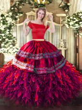 Short Sleeves Zipper Floor Length Embroidery and Ruffles Quinceanera Gowns