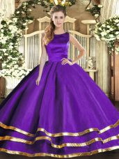 Fashionable Floor Length Purple Ball Gown Prom Dress Tulle Sleeveless Ruffled Layers