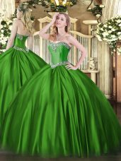 Deluxe Green Satin Lace Up Sweet 16 Dress Sleeveless Floor Length Beading