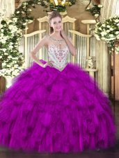 Fuchsia Ball Gowns Beading and Ruffles Ball Gown Prom Dress Zipper Tulle Sleeveless Floor Length