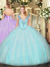 Aqua Blue Lace Up Sweet 16 Dress Ruffles Sleeveless Floor Length