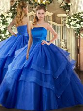Royal Blue Quinceanera Dress Military Ball and Sweet 16 and Quinceanera with Ruffled Layers Strapless Sleeveless Lace Up
