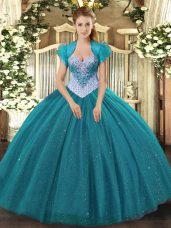 Best Floor Length Teal Sweet 16 Quinceanera Dress Sweetheart Sleeveless Lace Up