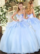 New Arrival Floor Length Ball Gowns Sleeveless Light Blue Quince Ball Gowns Lace Up