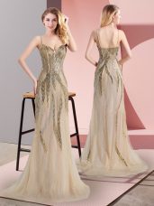 Tulle Sleeveless Evening Dress Sweep Train and Beading