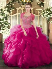 Fuchsia Scoop Neckline Beading and Ruffled Layers Quinceanera Dresses Sleeveless Clasp Handle