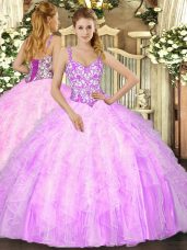 Amazing Lilac Lace Up Quinceanera Dress Beading and Ruffles Sleeveless Floor Length