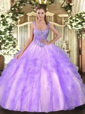 Top Selling Lavender Tulle Lace Up Quince Ball Gowns Sleeveless Floor Length Beading and Ruffles