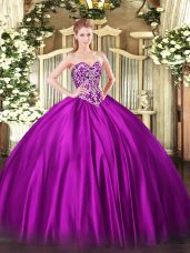 Customized Sleeveless Satin Floor Length Lace Up Sweet 16 Dress in Fuchsia with Beading