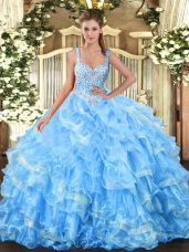 Sleeveless Organza Floor Length Lace Up Quinceanera Dress in Baby Blue with Beading and Ruffled Layers